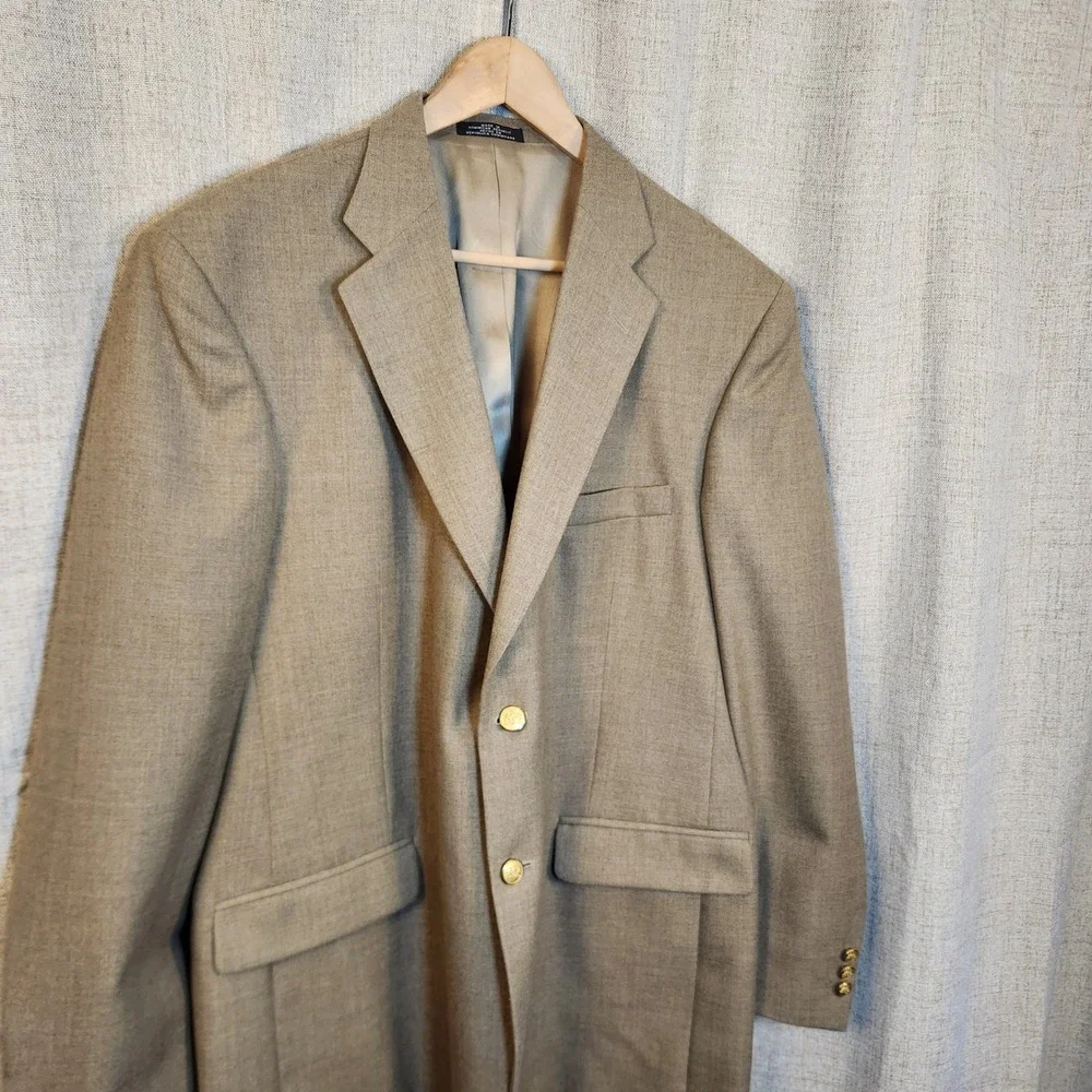 Stafford Worsted Wool Blend Sport‎ Coat Mens 44L Tan Brown Blazer Gold Buttons